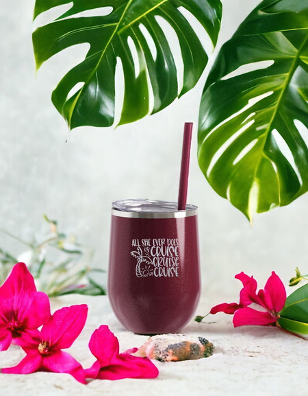 All She Ever Does is Cruise Engraved 12oz Wine Tumbler Rosewood Glitter by Sunny Box