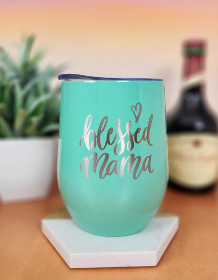 Blessed Mama Engraved 9oz Wine Tumbler Mint - Sunny Box