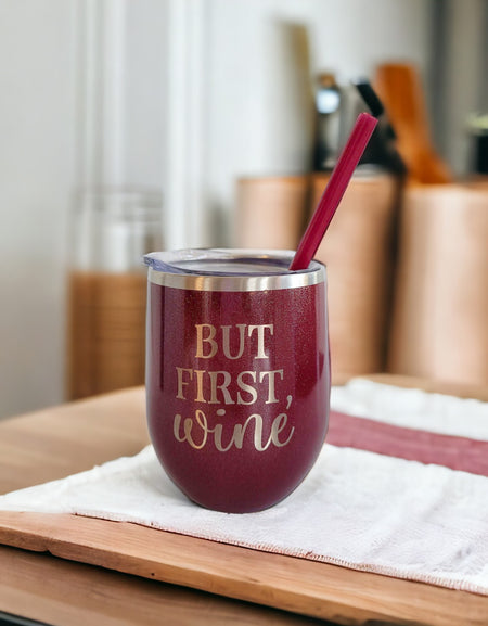 But First Wine Engraved 12oz Wine Tumbler Rosewood Glitter by Sunny Box