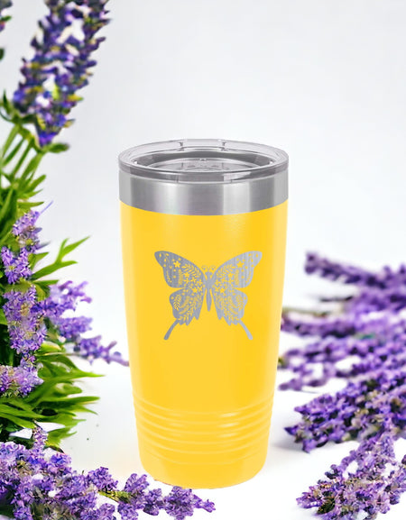 Butterfly Mandala Engraved 20oz Yellow Polar Camel tumbler by Sunny Box