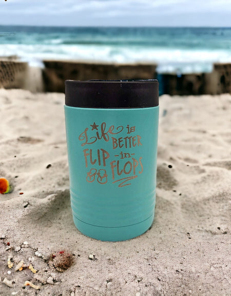 Life is Better in Flip Flops - Engraved Polar Camel Teal Can Cooler Holder - Sunny Box