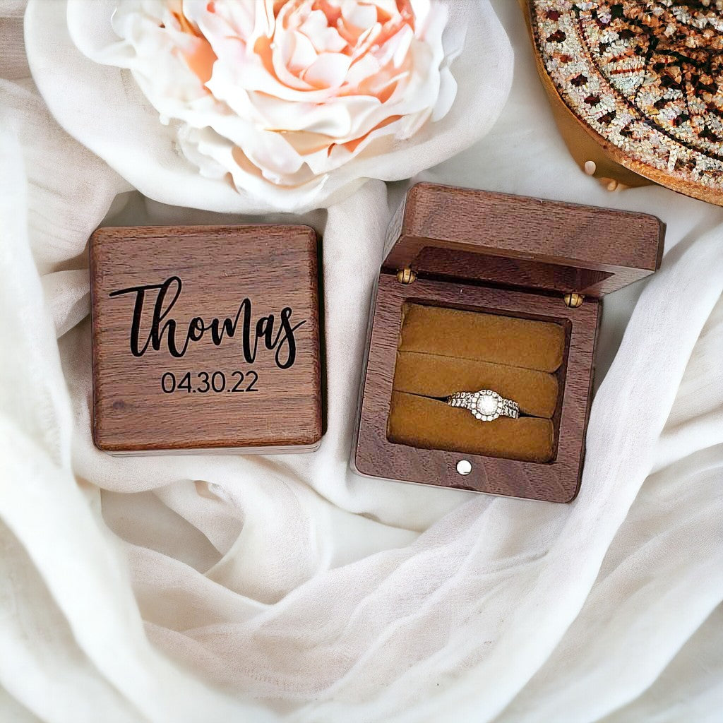 Wood Ring Custom Wedding Ring Box Personalized Engraved Walnut