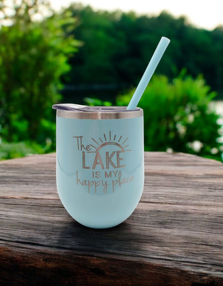 The Lake is My Happy Place Engraved 12oz Wine Tumbler Seafoam by Sunny Box