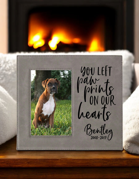 You left paw prints on our hearts - Engraved leatherette picture frame pet loss memorial by Sunny Box