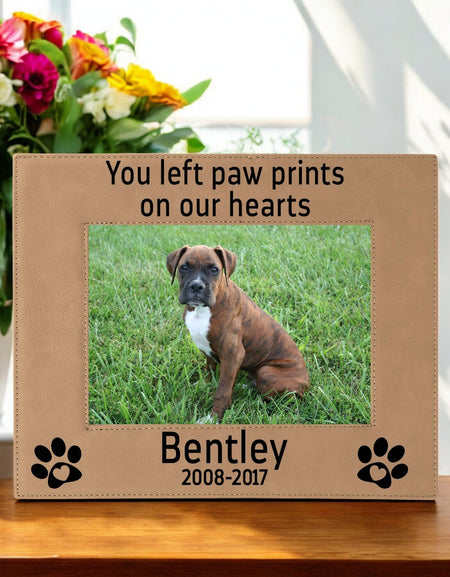 You Left Paw Prints On Our Hearts - Pet Memorial Leatherette Picture Frame