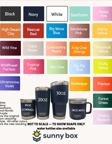 The image is a collection of various colored YETI water bottles, each with a different color and size, arranged in a grid format.