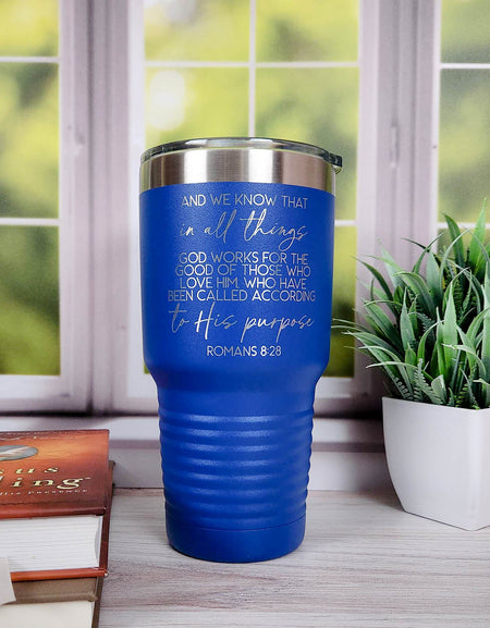 Romans 8:28 Christian Engraved 30oz Blue Polar Camel Tumbler by Sunny Box