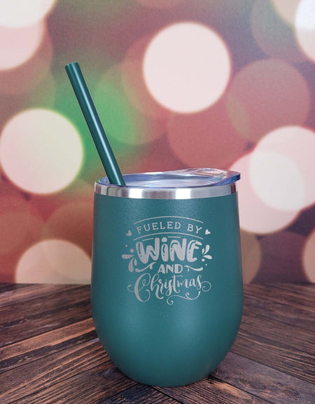 Fueled by Wine and Christmas Engraved 12oz Wine Tumbler Green by Sunny Box