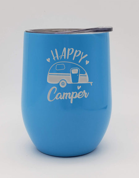 Happy Camper - RV Camping - Engraved Wine Tumbler - Ocean Blue 9oz - Sunny Box
