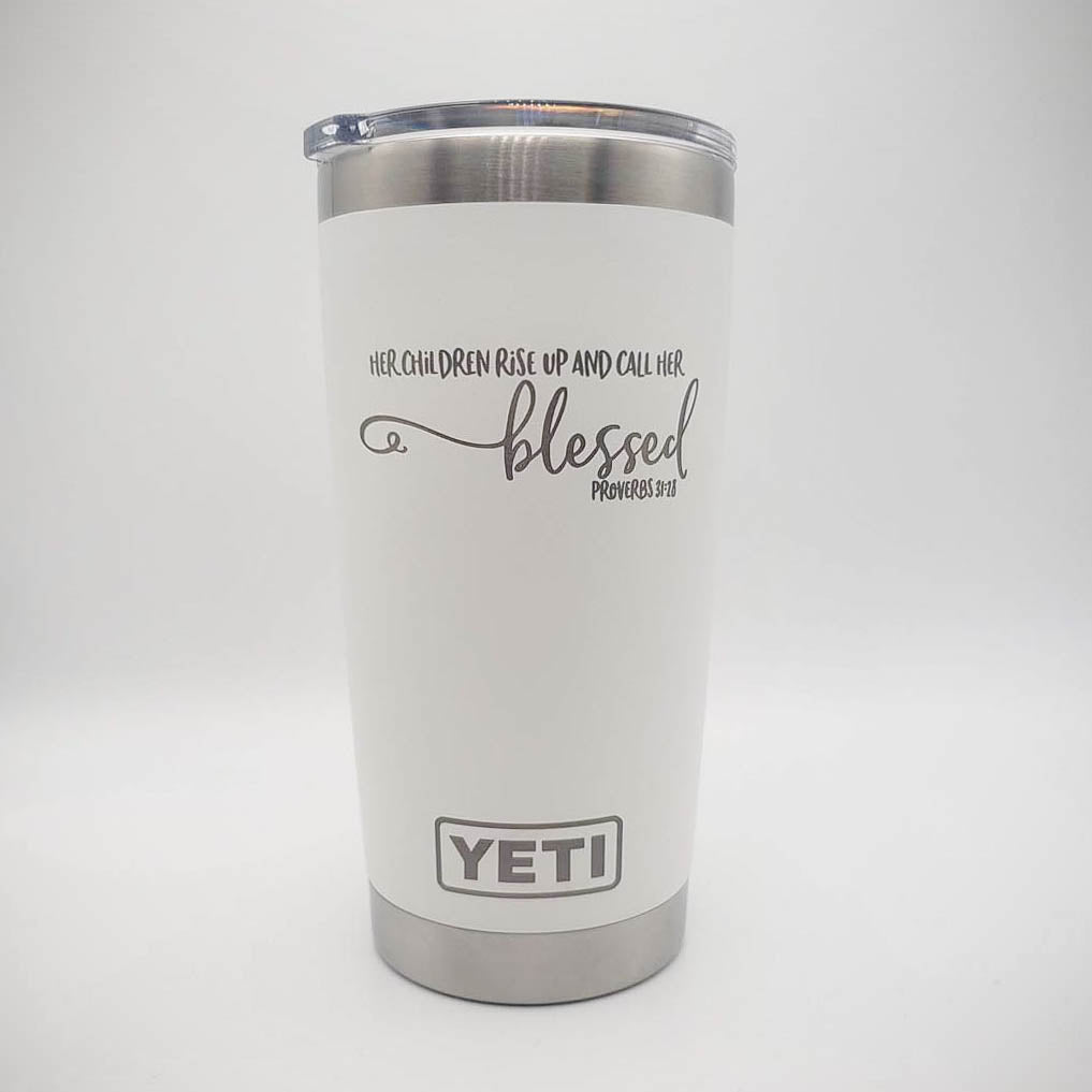 Custom Christian Scripture Engraved Tumbler: Proverbs 31:28 Her