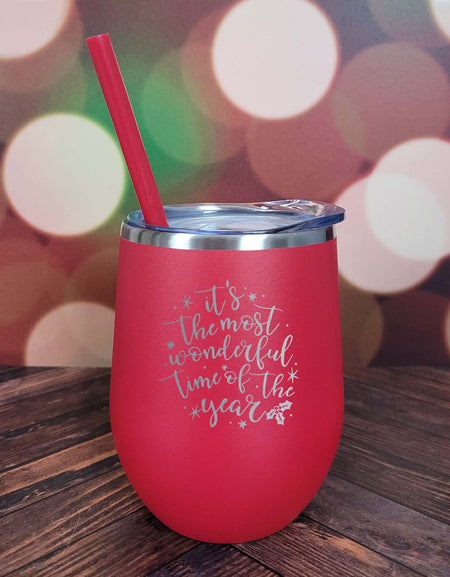 It's the Most Wonderful Time of the Year Engraved 12oz Wine Tumbler Red by Sunny Box