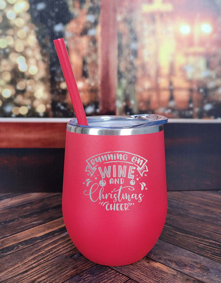 Running on Wine and Christmas Cheer Engraved 12oz Wine Tumbler Navy by Sunny Box