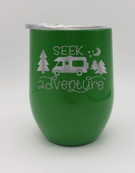 Seek Adventure Camping 9oz Engraved Wine Tumbler - Green - Creatively Crowned Engraving