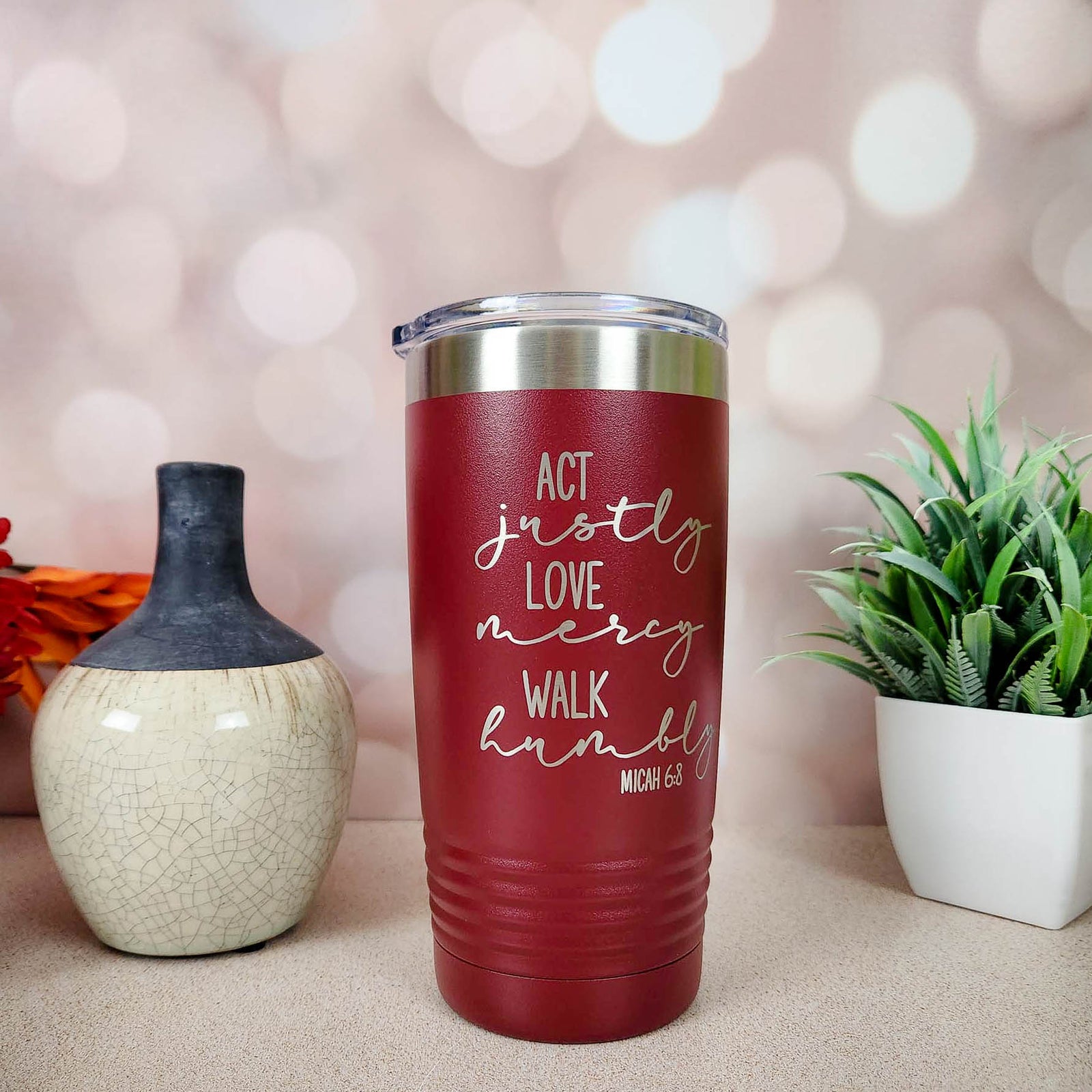 Act Justly Love Mercy Walk Humbly Micah 6:8 Bible Verse Inspirational Engraved Polar Camel Tumbler 20oz Maroon Sunny Box