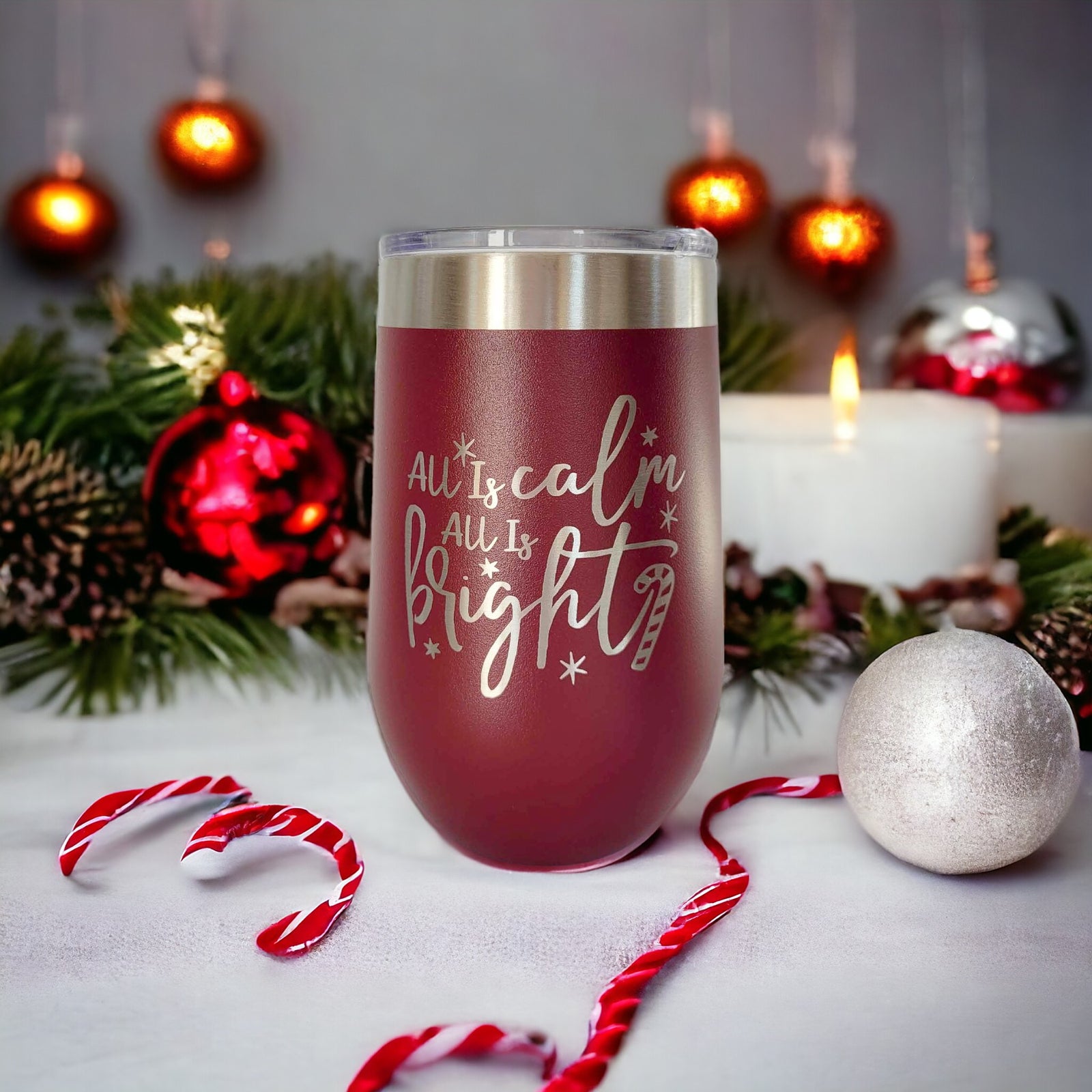 All is Calm - Engraved Christmas 16oz Stemless Wine Tumbler Maroon Sunny Box