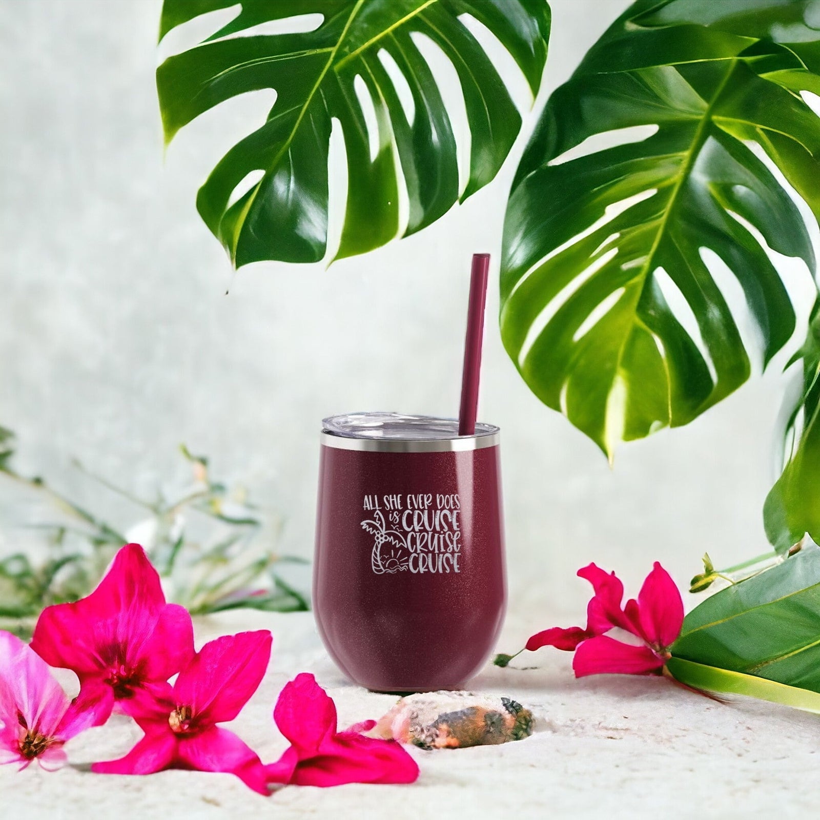 All She Ever Does is Cruise Engraved 12oz Wine Tumbler Rosewood Glitter by Sunny Box