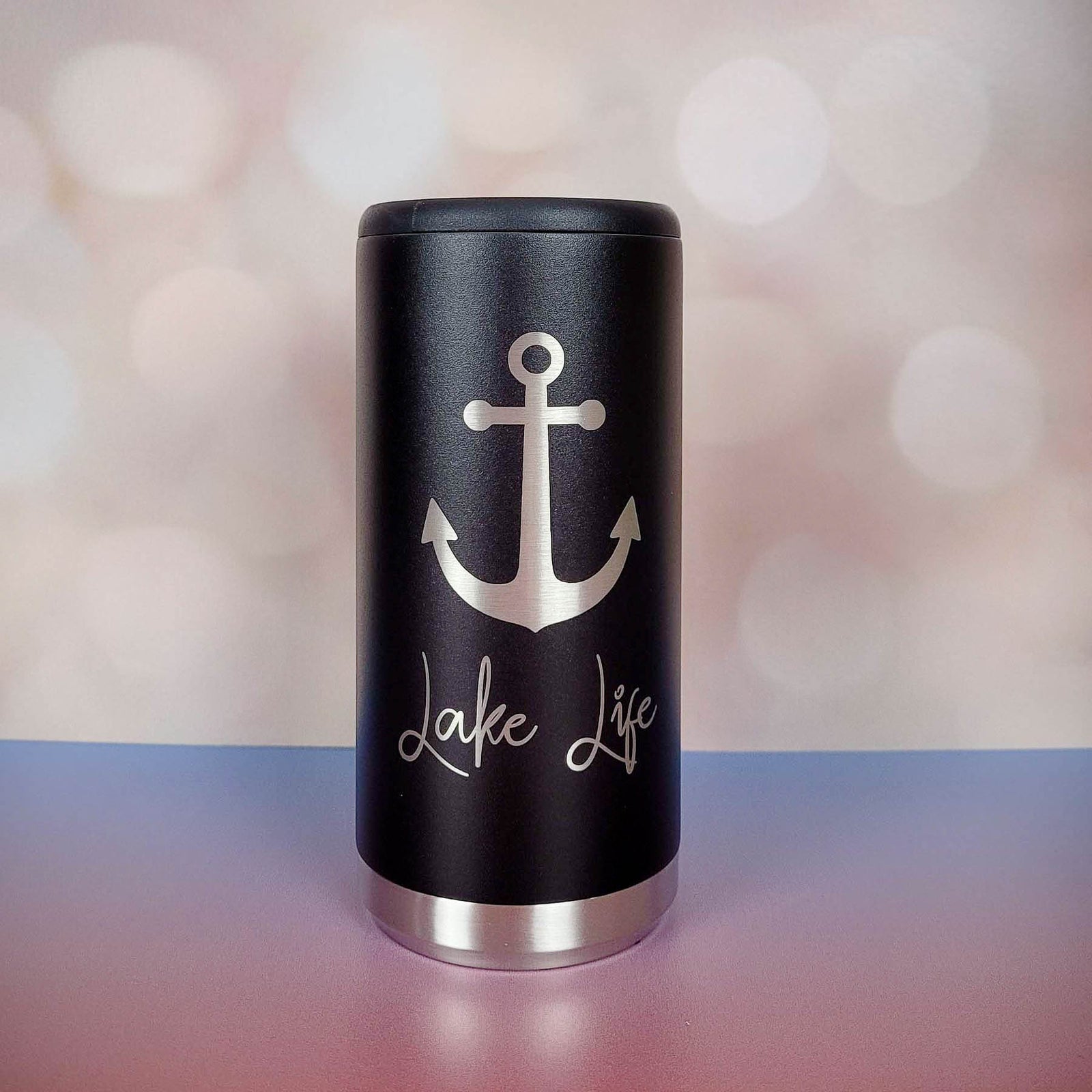 Anchor Boating Engraved Skinny Slim Can Cooler Black - Sunny Box