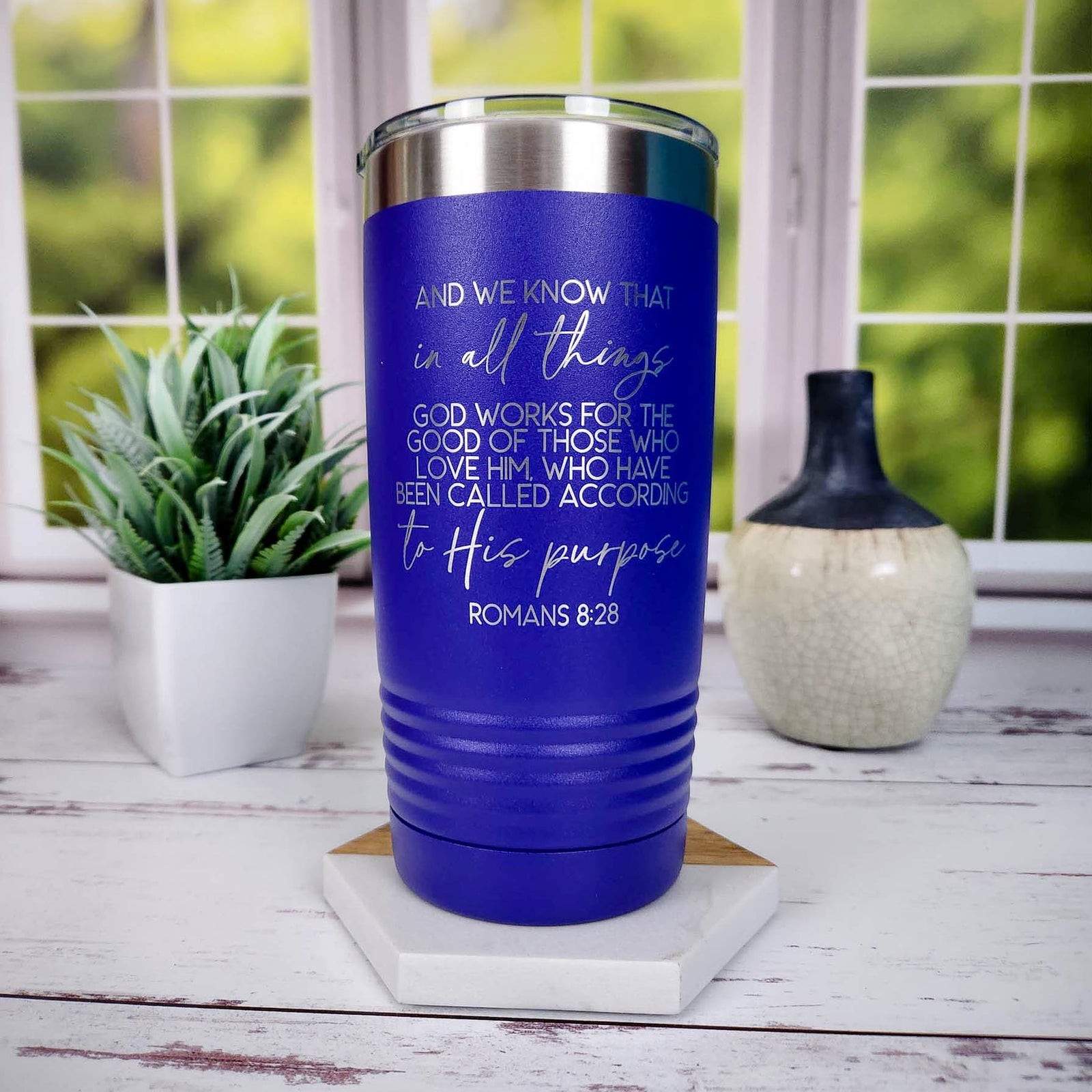 Romans 8:28 Christian Engraved 20oz Purple Polar Camel Tumbler by Sunny Box