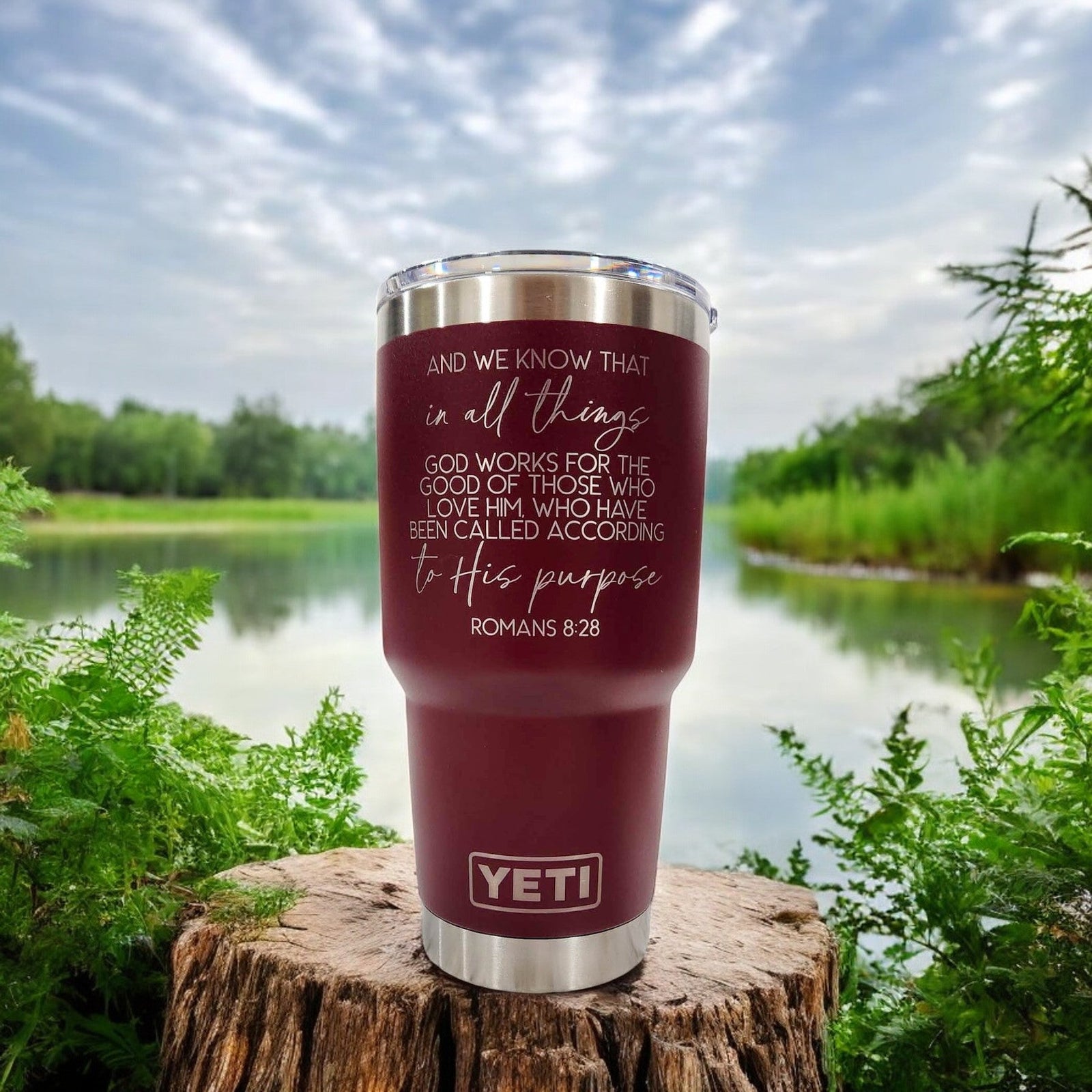 Romans 8:28 Scripture Engraved YETI Tumbler