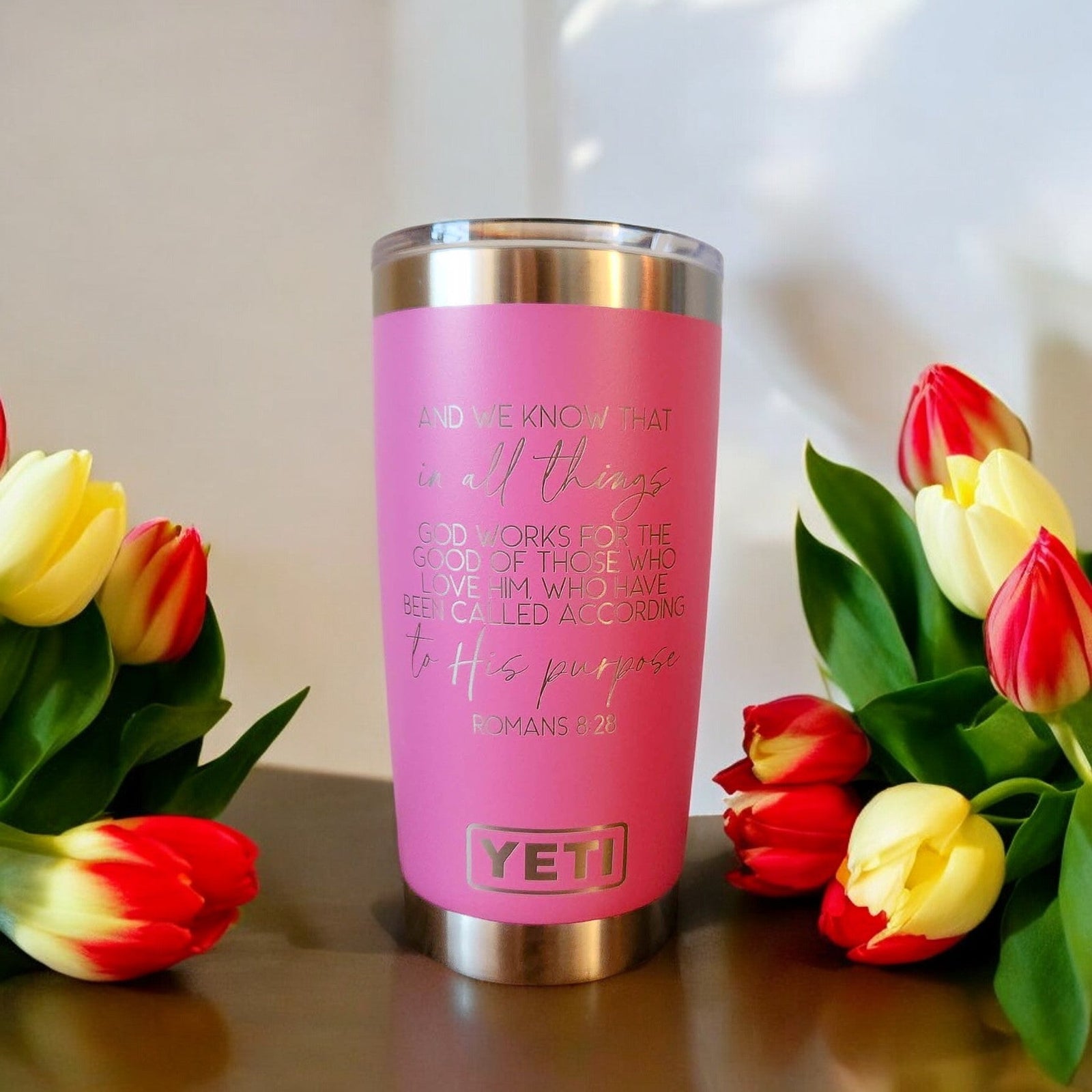 Romans 8:28 Scripture Engraved YETI Tumbler