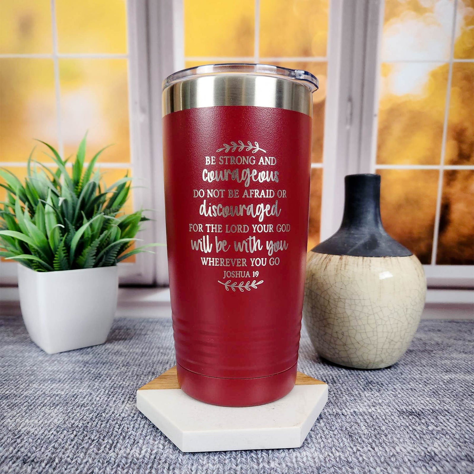 Be Strong and Courageous - Christian Engraved 20oz Maroon Polar Camel Tumbler - Sunny Box