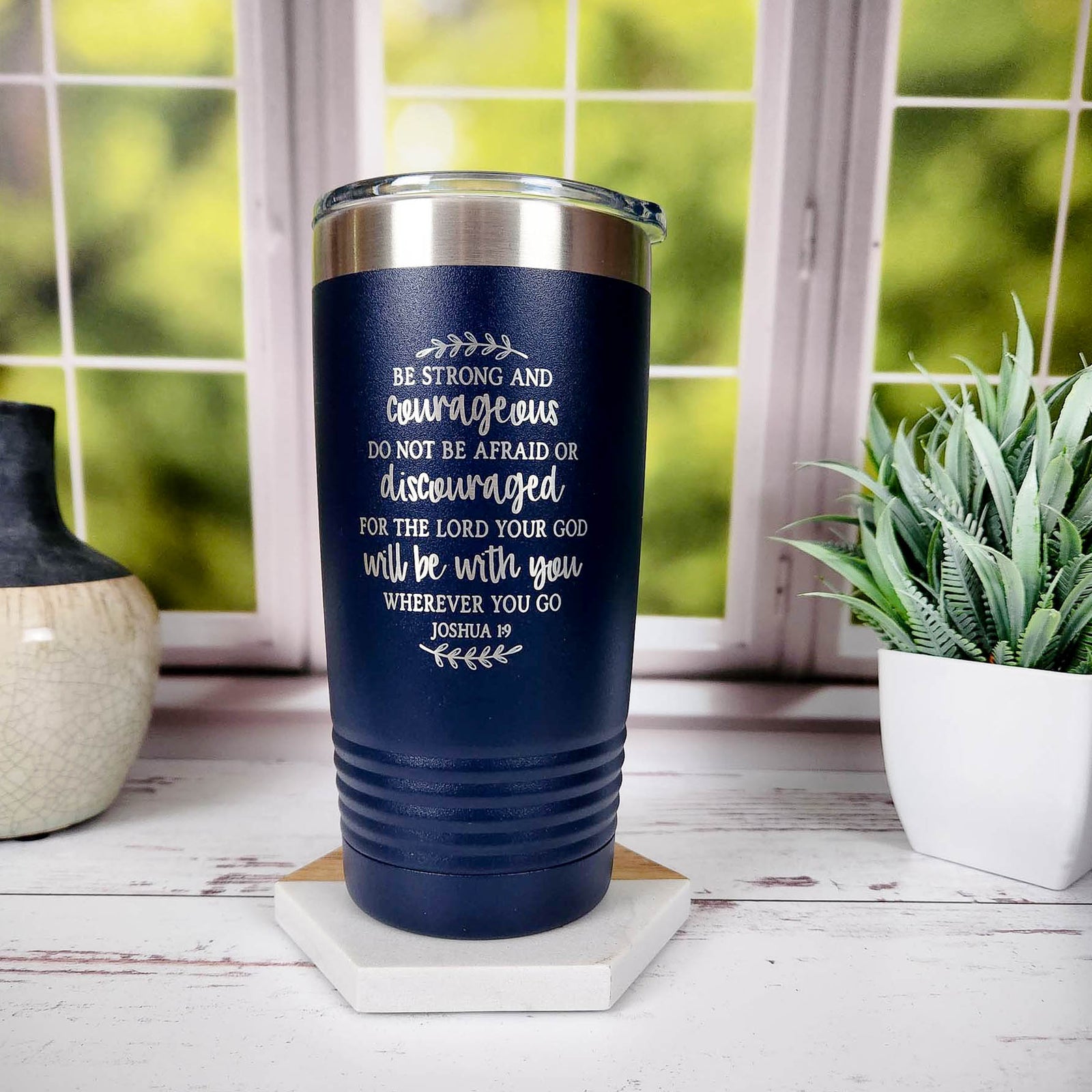 Be Strong and Courageous - Christian Engraved 20oz Navy Polar Camel Tumbler - Sunny Box