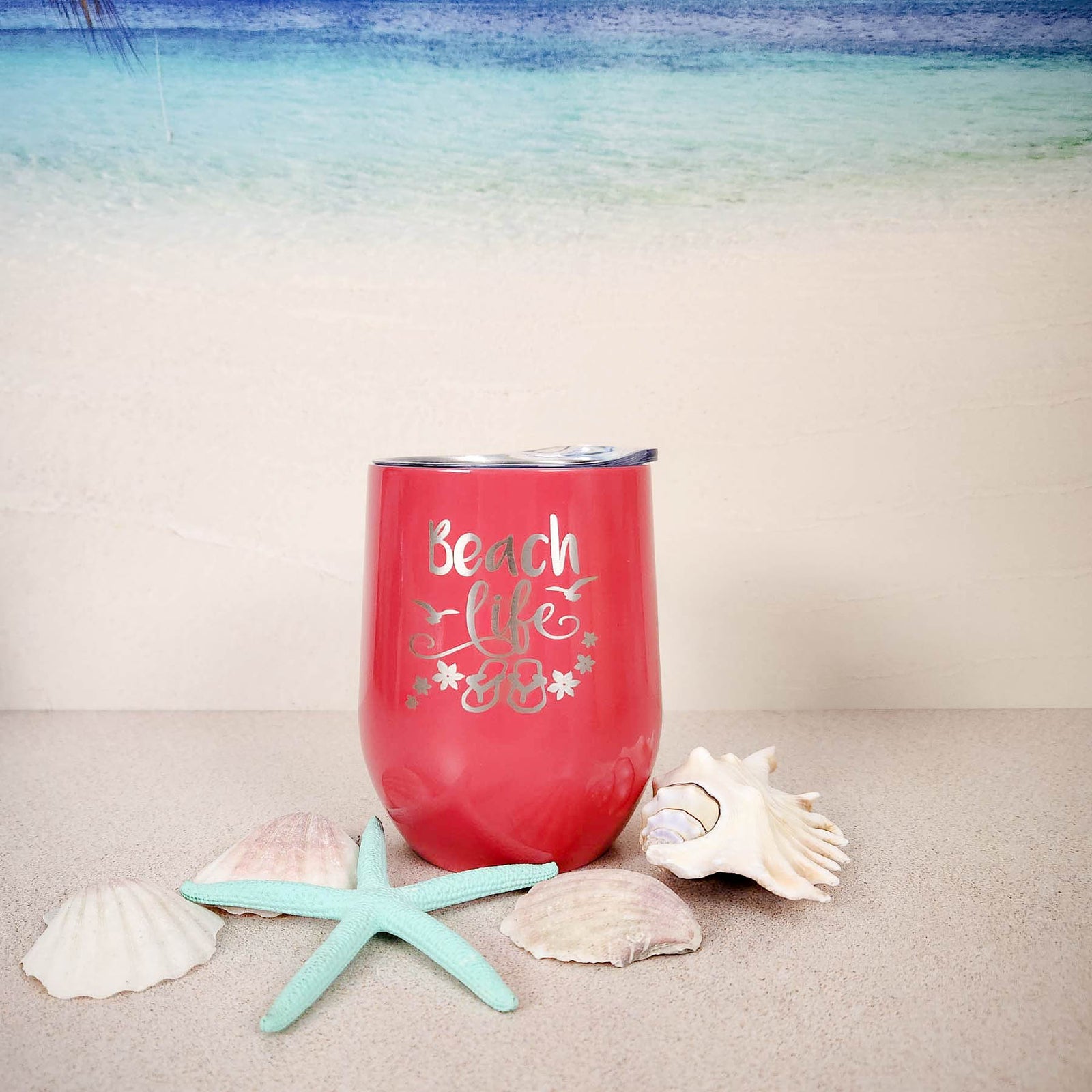 Beach Life Engraved 9oz Wine Tumbler Coral - Sunny Box