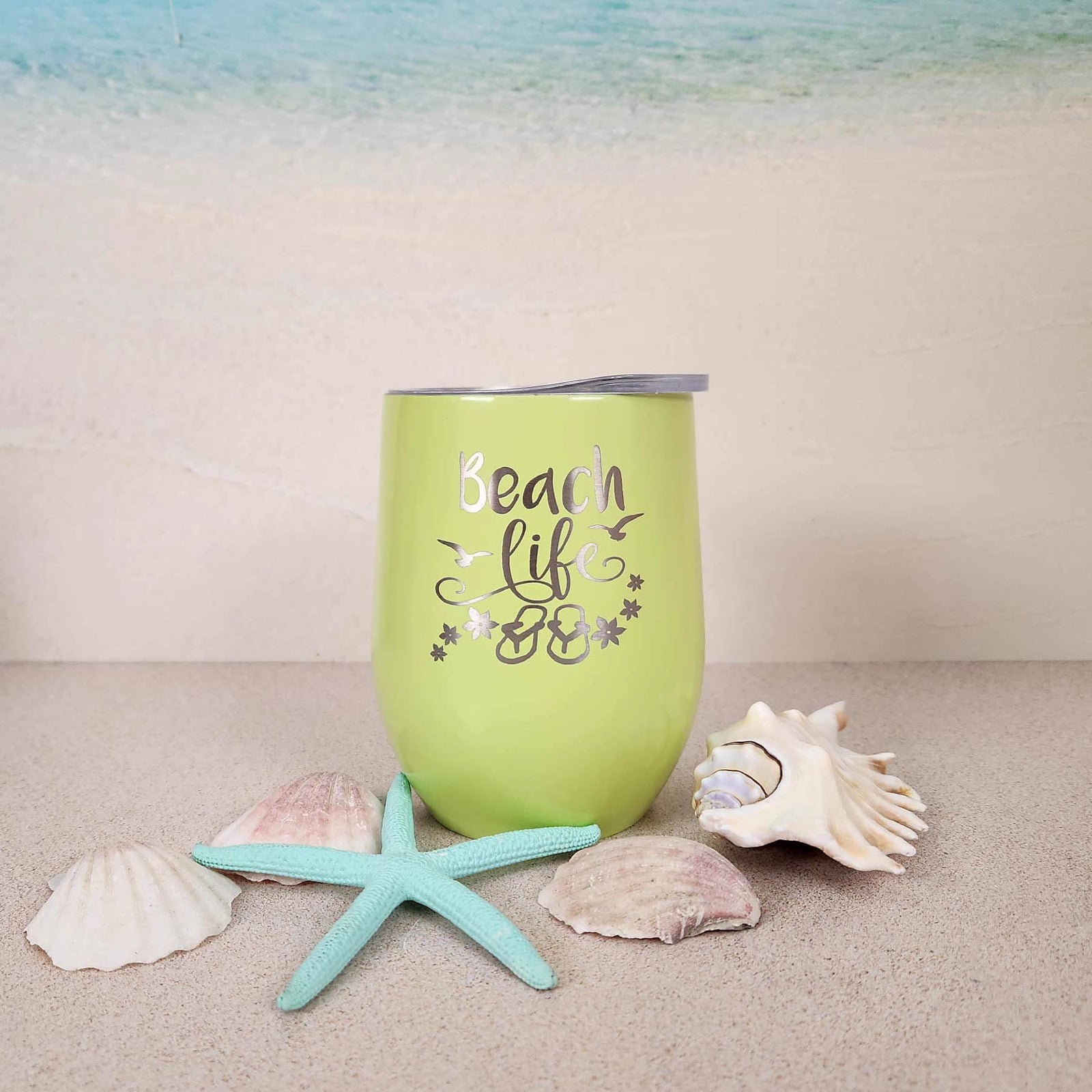 Beach Life Engraved 9oz Wine Tumbler Light Green - Sunny Box