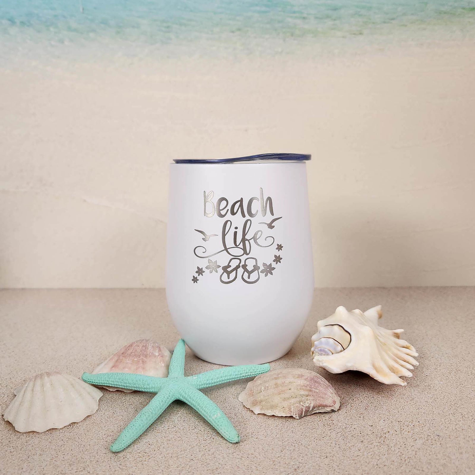 Beach Life Engraved 9oz Wine Tumbler White - Sunny Box