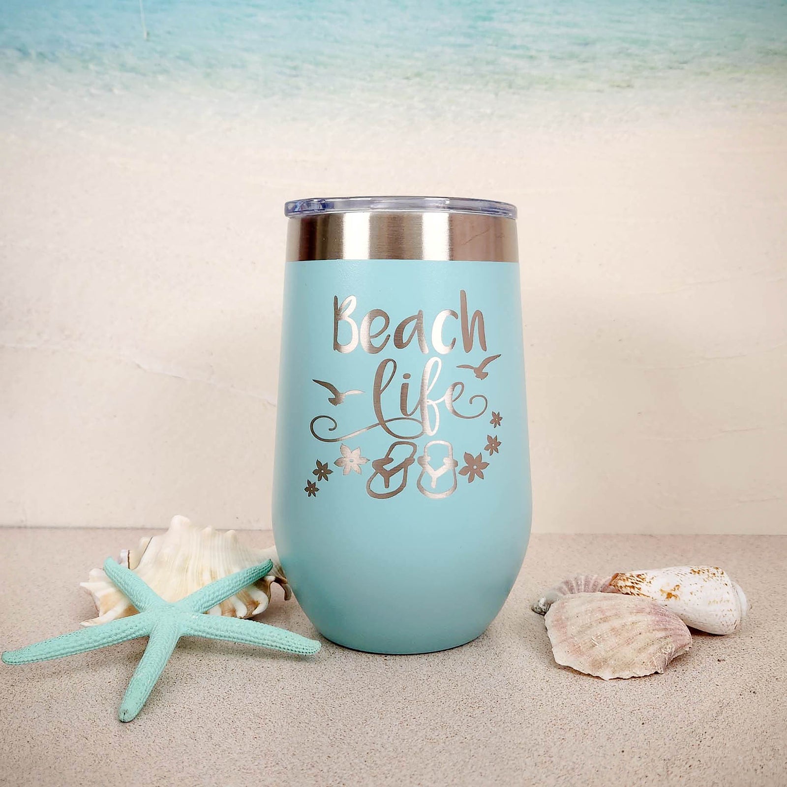 Beach Life Engraved 16oz Wine Teal Polar Camel Tumbler by Sunny Box
