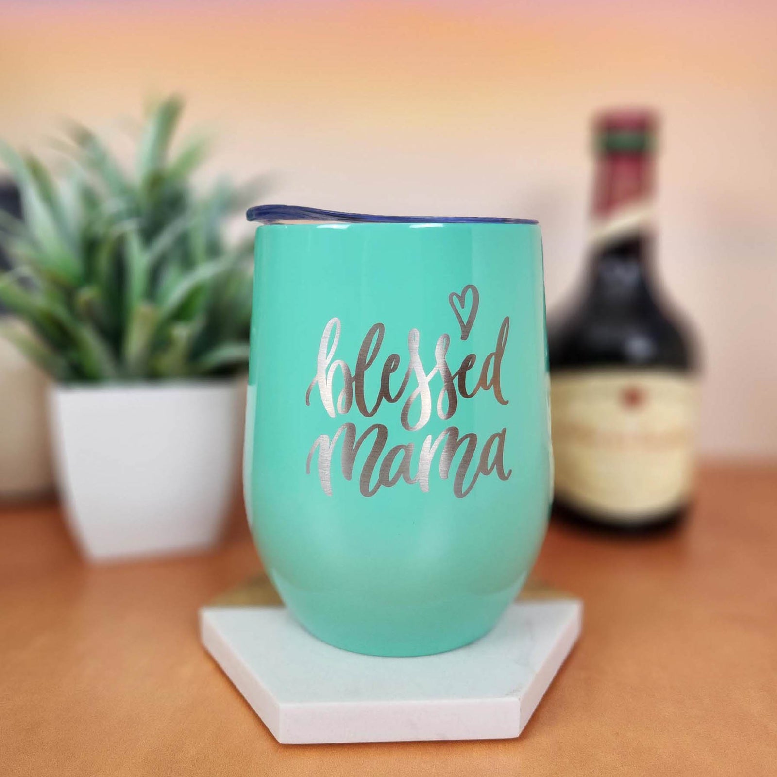 Blessed Mama Engraved 9oz Wine Tumbler Mint - Sunny Box