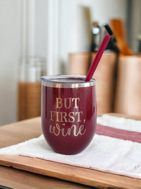 But First Wine Engraved 12oz Wine Tumbler Rosewood Glitter by Sunny Box