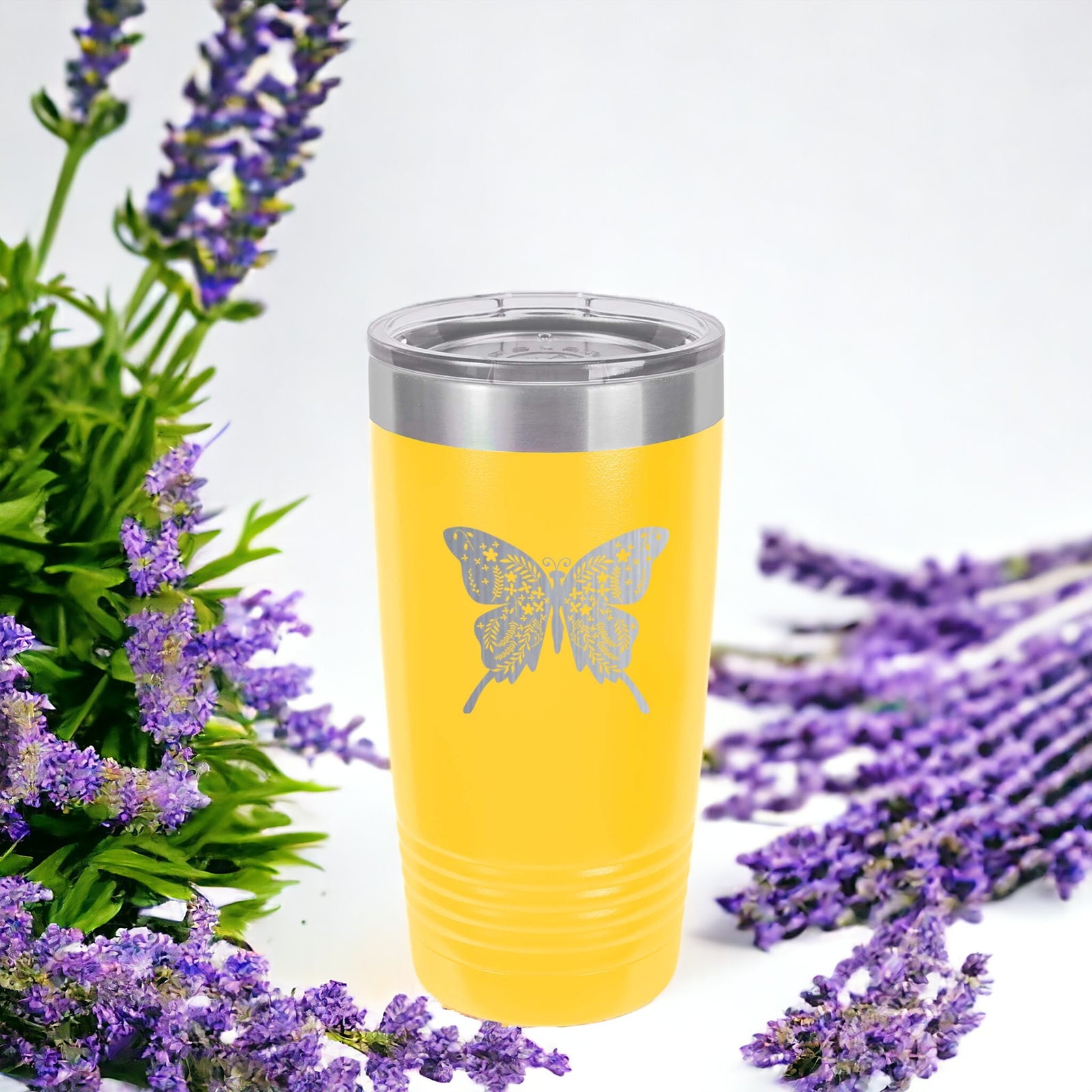 Butterfly Mandala Engraved 20oz Yellow Polar Camel tumbler by Sunny Box