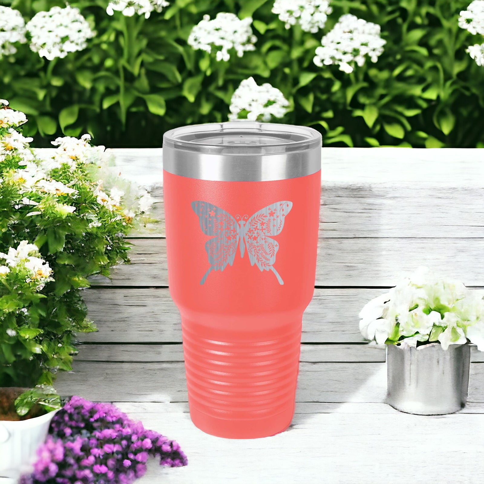 Butterfly Mandala Engraved 30oz Coral Polar Camel Tumbler by Sunny Box