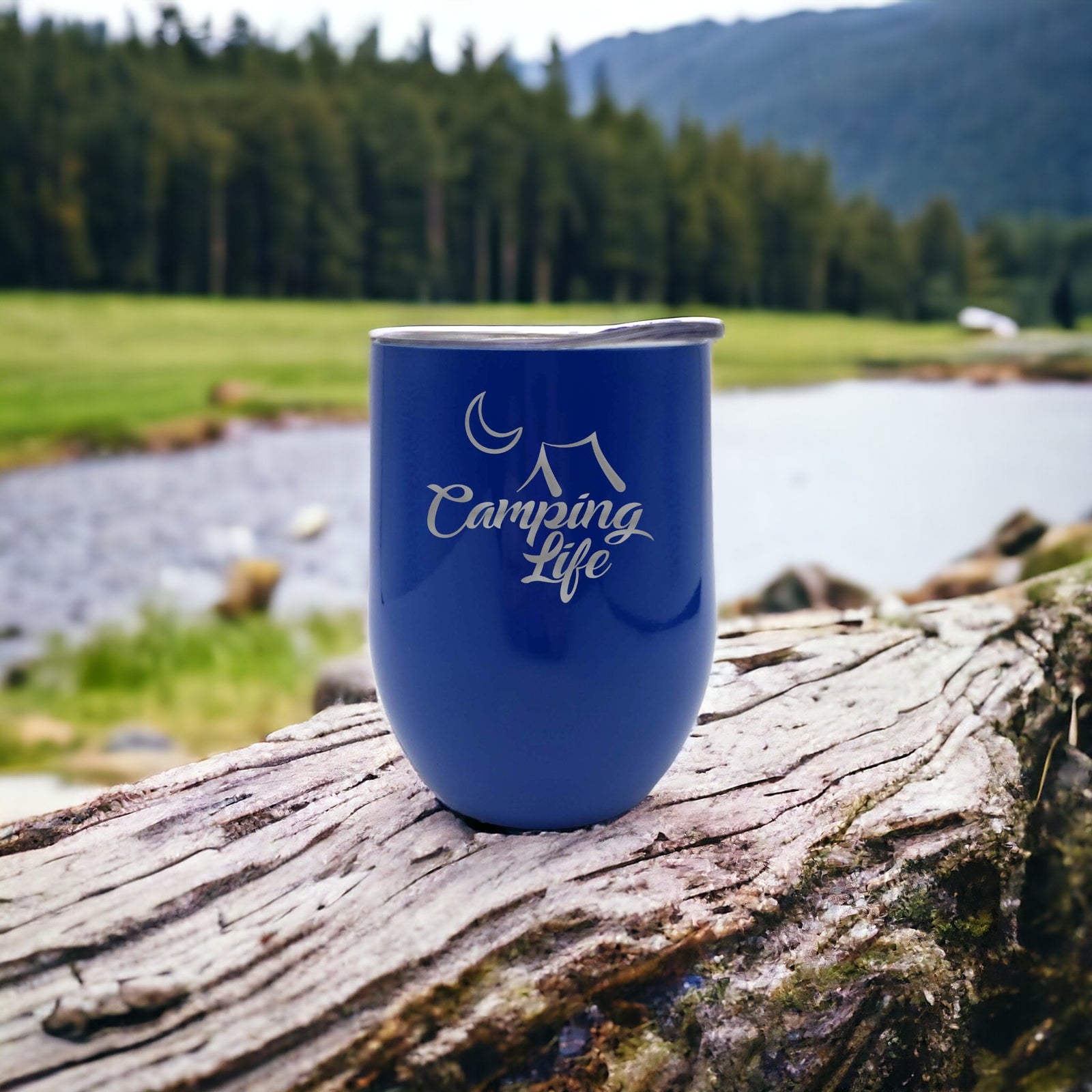 Camping Life Engraved Wine Tumbler - 9oz - Blue - Sunny Box