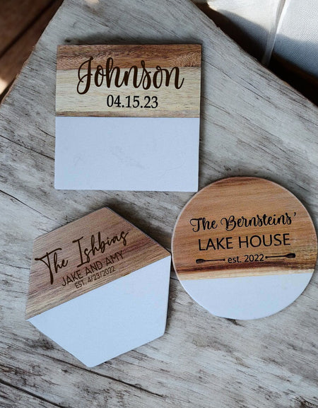 Personalized Acacia Wood and Marble Coasters