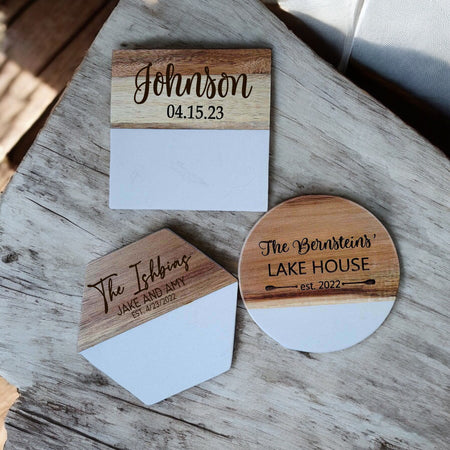 Personalized Acacia Wood and Marble Coasters