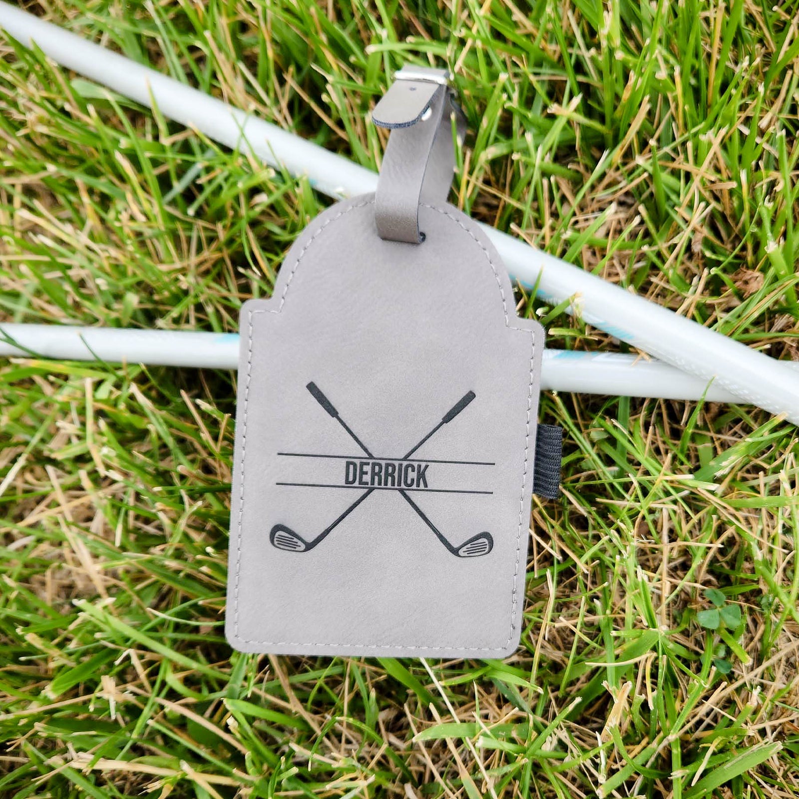 Personalized Engraved Leatherette Gray Golf Bag Tag with Tees by Sunny Box