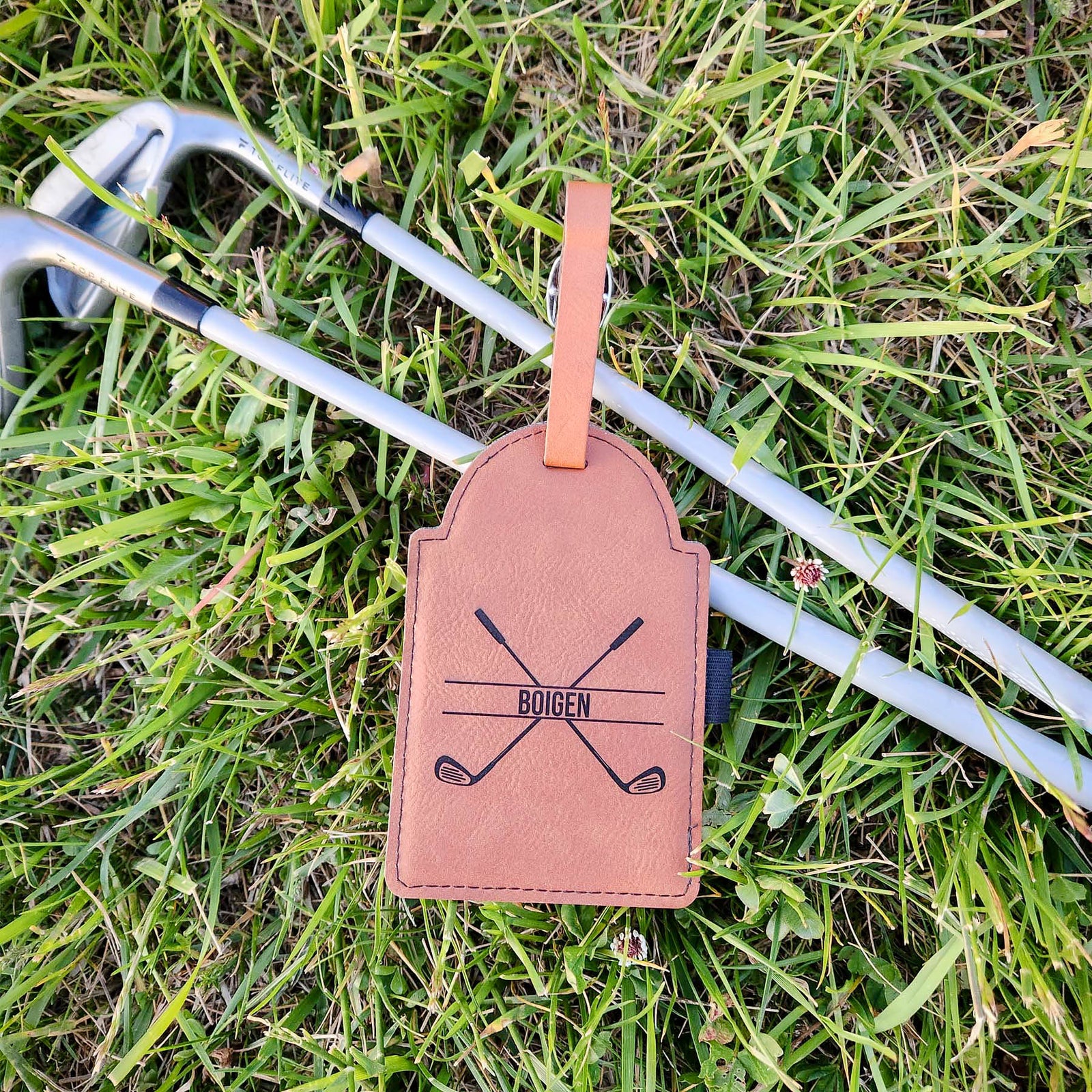 Personalized Engraved Leatherette Rawhide Golf Bag Tag with Tees by Sunny Box