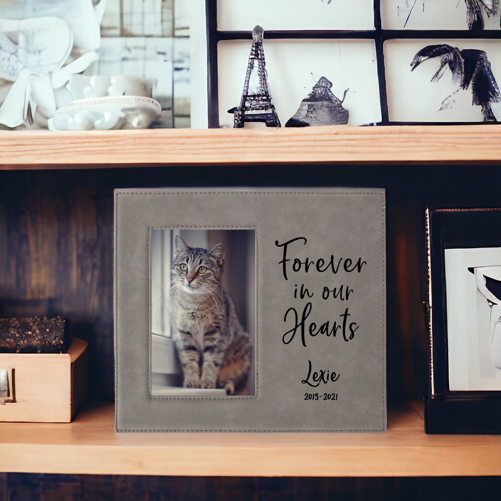 Forever In Our Hearts - Pet Memorial Personalized Leatherette Frame Gray - Sunny Box