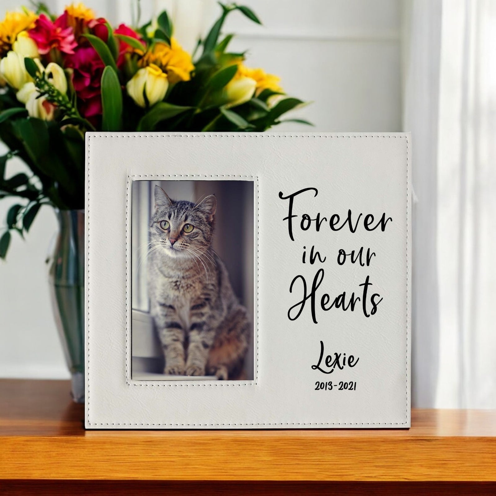 Forever In Our Hearts - Pet Memorial Personalized Leatherette Frame White - Sunny Box