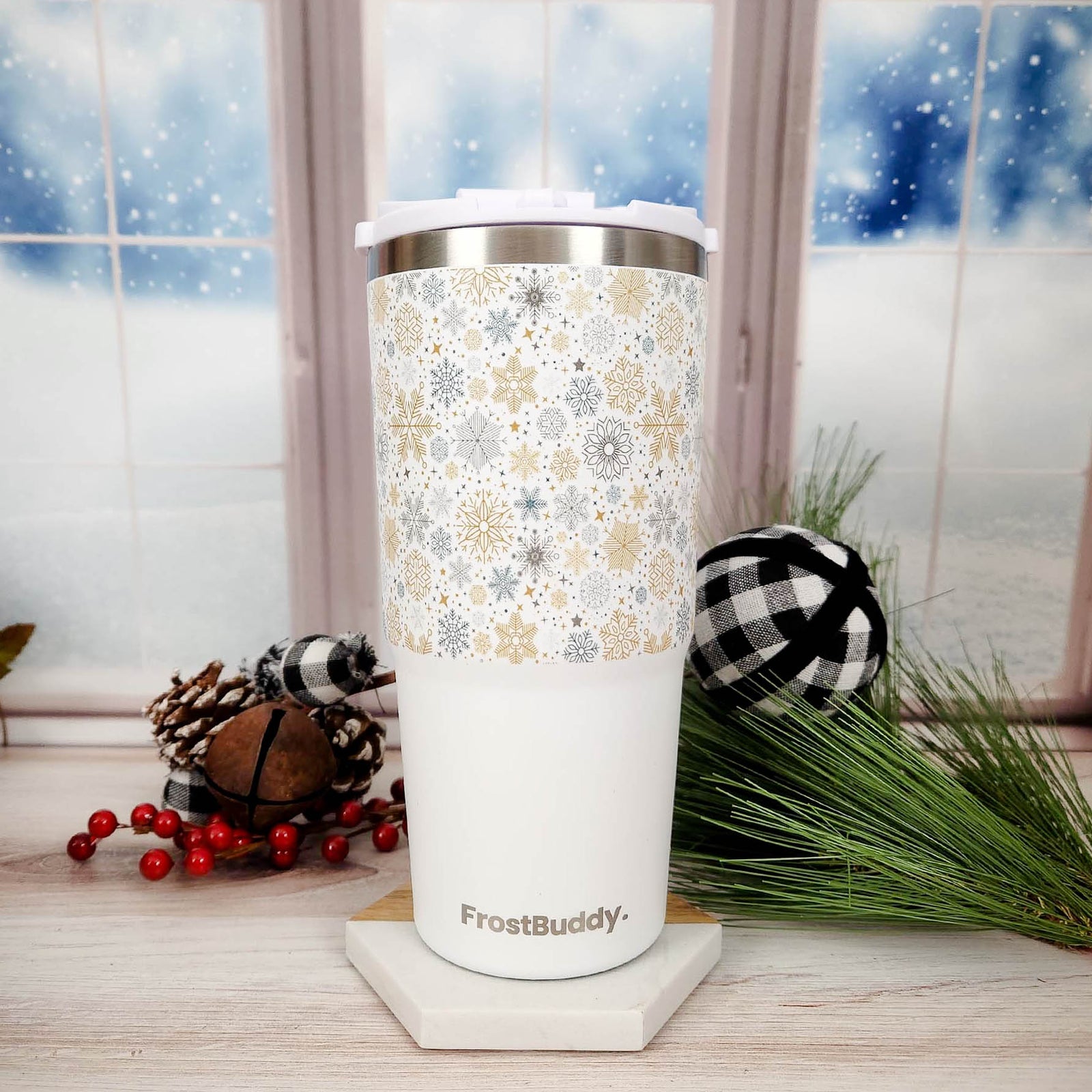 Personalized Engraved Frost Buddy To Go Buddy White Snowflakes by Sunny Box