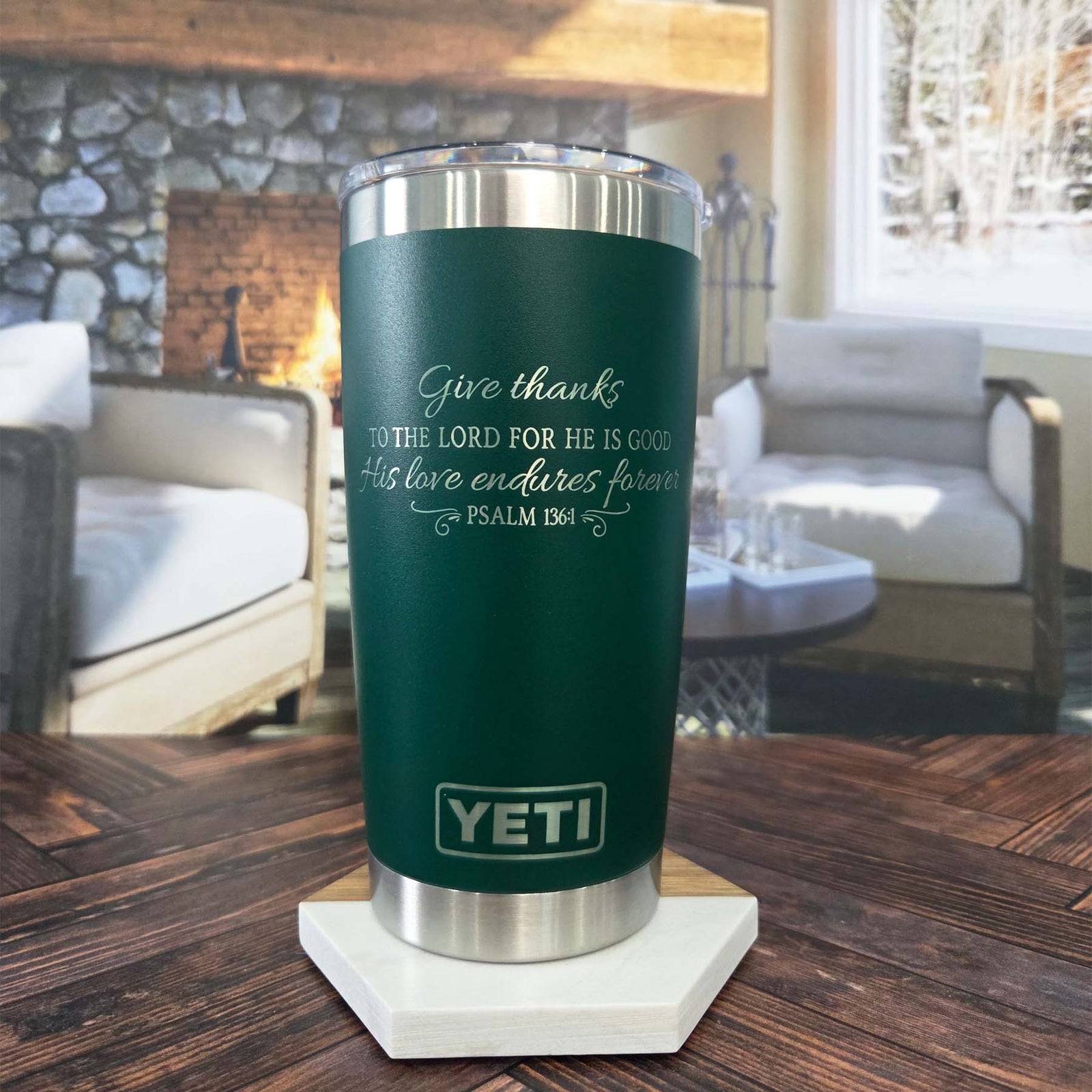 Give Thanks To The Lord - His Love Endures Forever Psalm 136:1 Scripture Engraved YETI Tumbler
