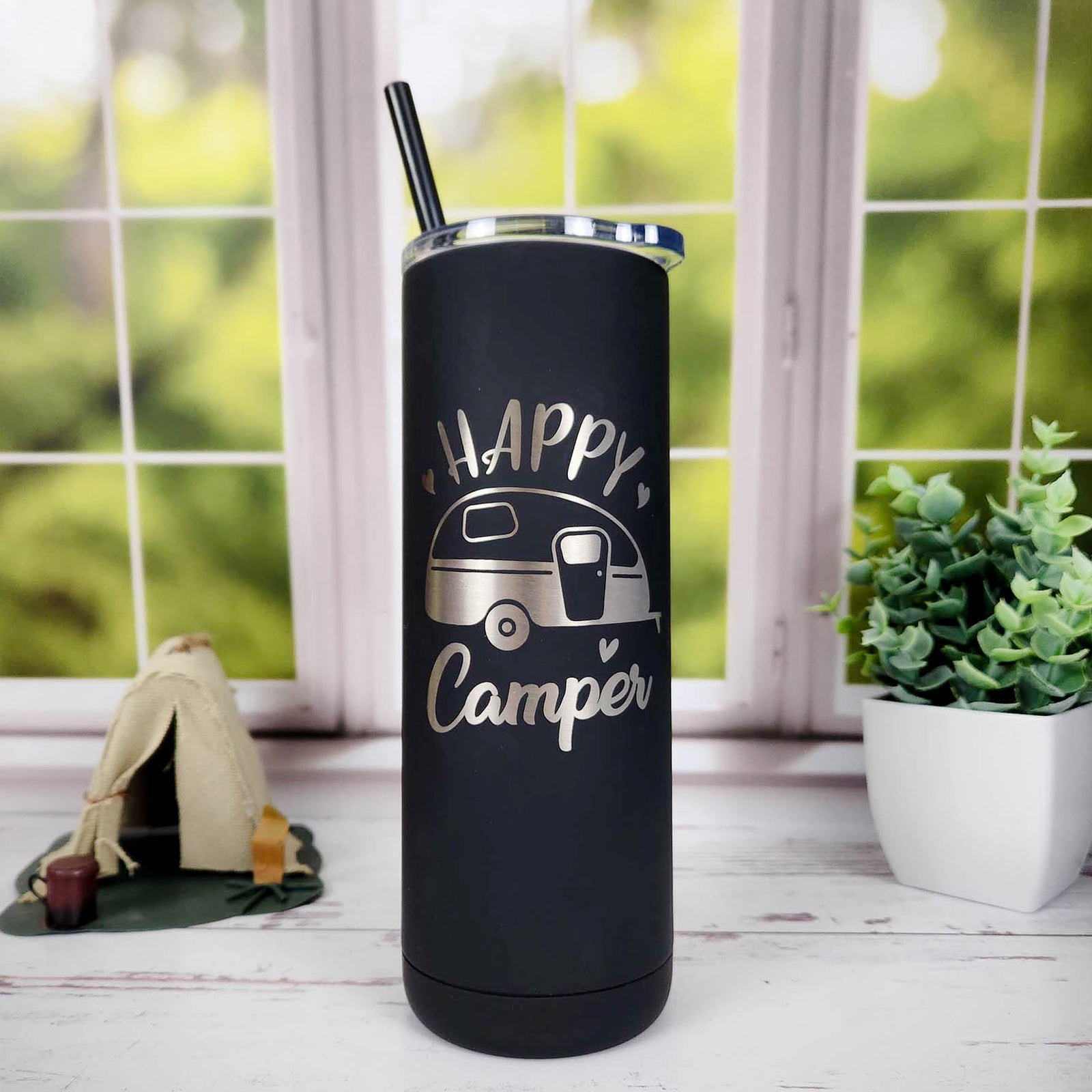 Happy Camper Engraved Skinny Tumbler by Sunny Box