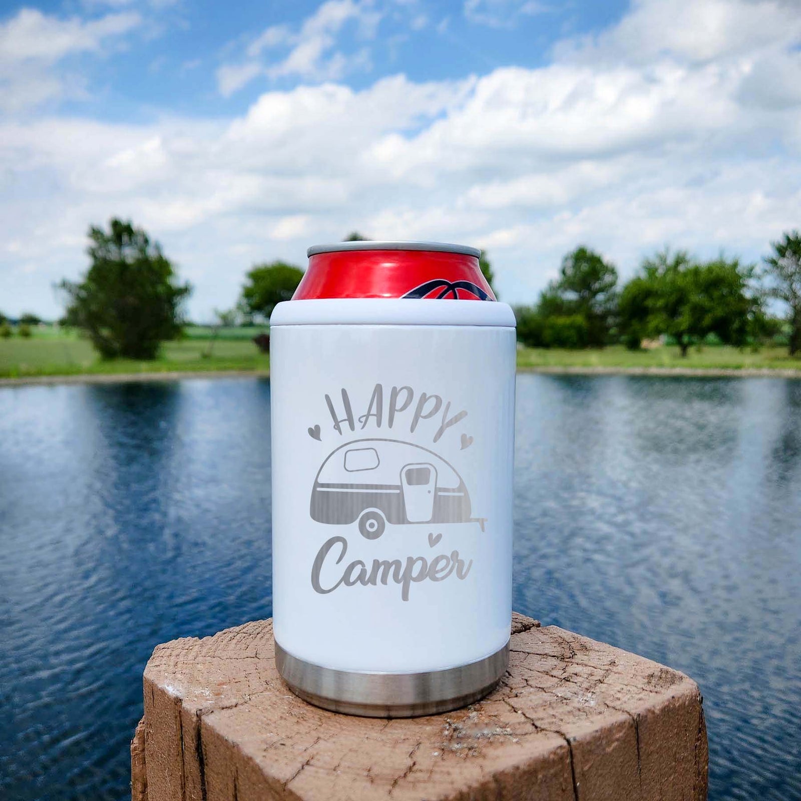 Happy Camper - Engraved Can Cooler White Glitter - Sunny Box