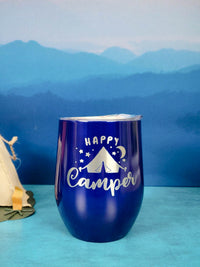 Happy Camper Tent Camping - Engraved Wine Tumbler - Dark Blue 9oz - Sunny Box