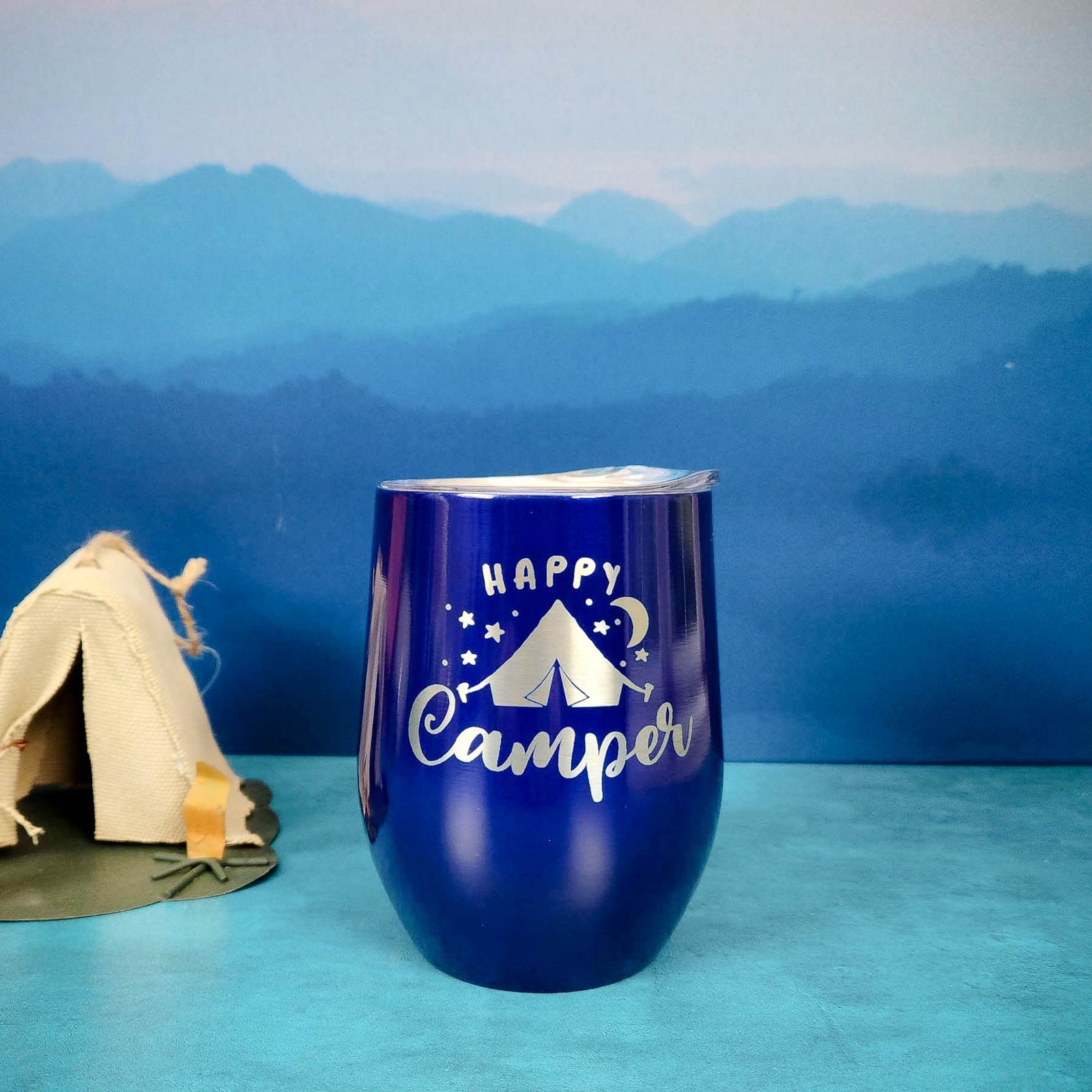 Happy Camper Tent Camping - Engraved Wine Tumbler - Dark Blue 9oz - Sunny Box