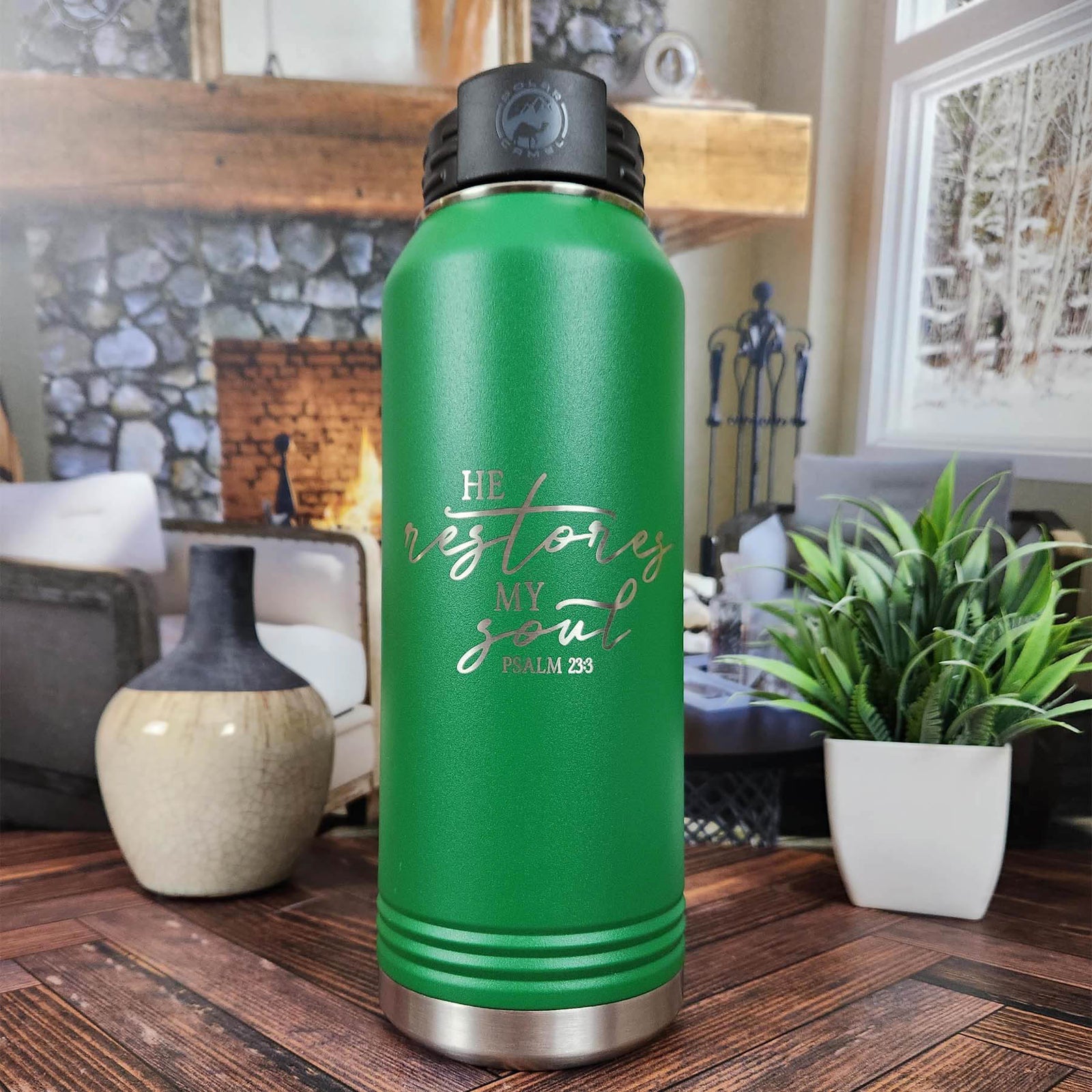 He Restores My Soul - Engraved Christian Polar Camel Water Bottle Green 32oz Sunny Box