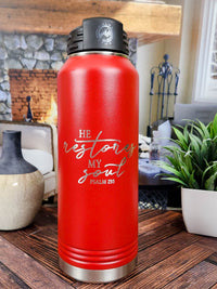 He Restores My Soul - Engraved Christian Polar Camel Water Bottle Red 32oz Sunny Box