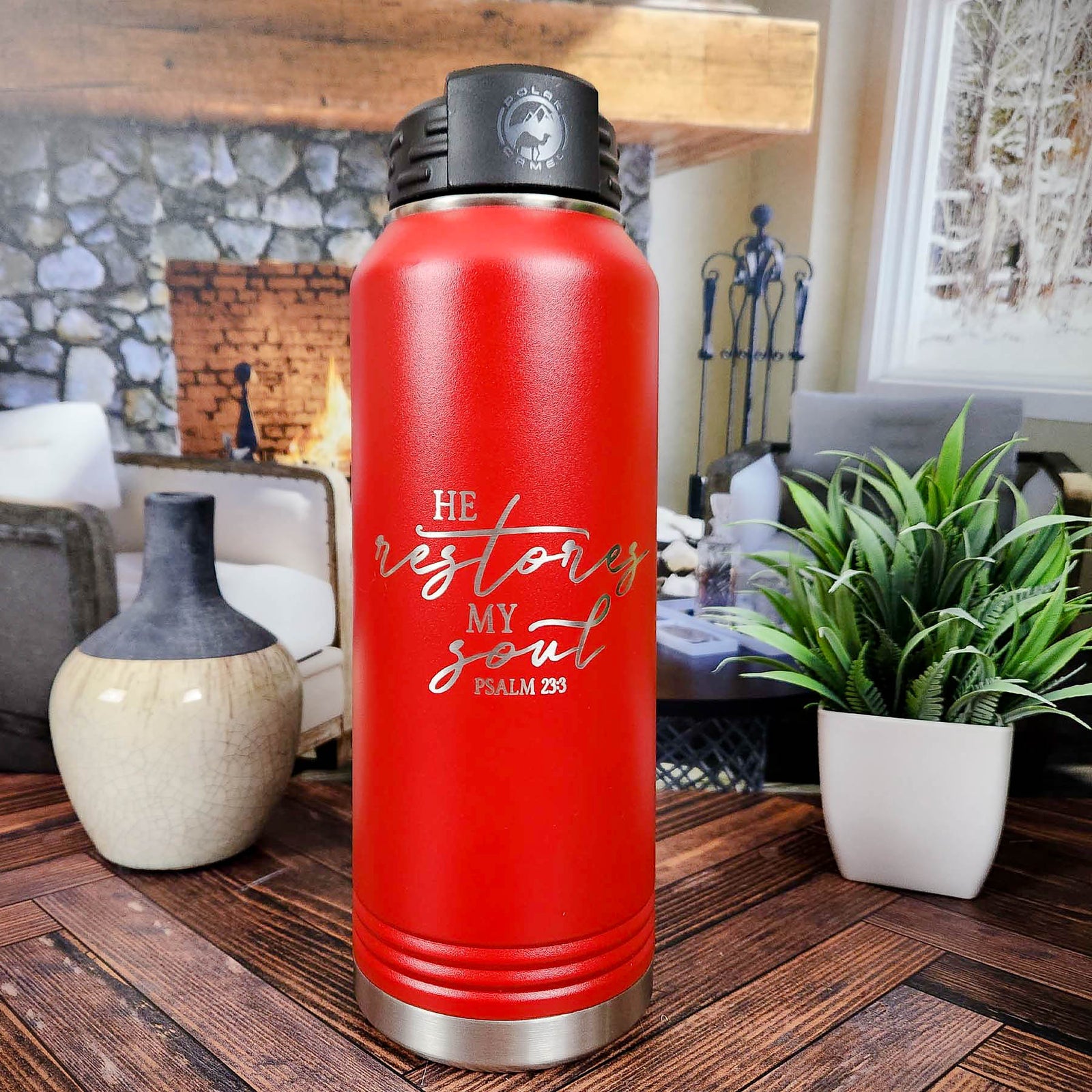 He Restores My Soul - Engraved Christian Polar Camel Water Bottle Red 32oz Sunny Box